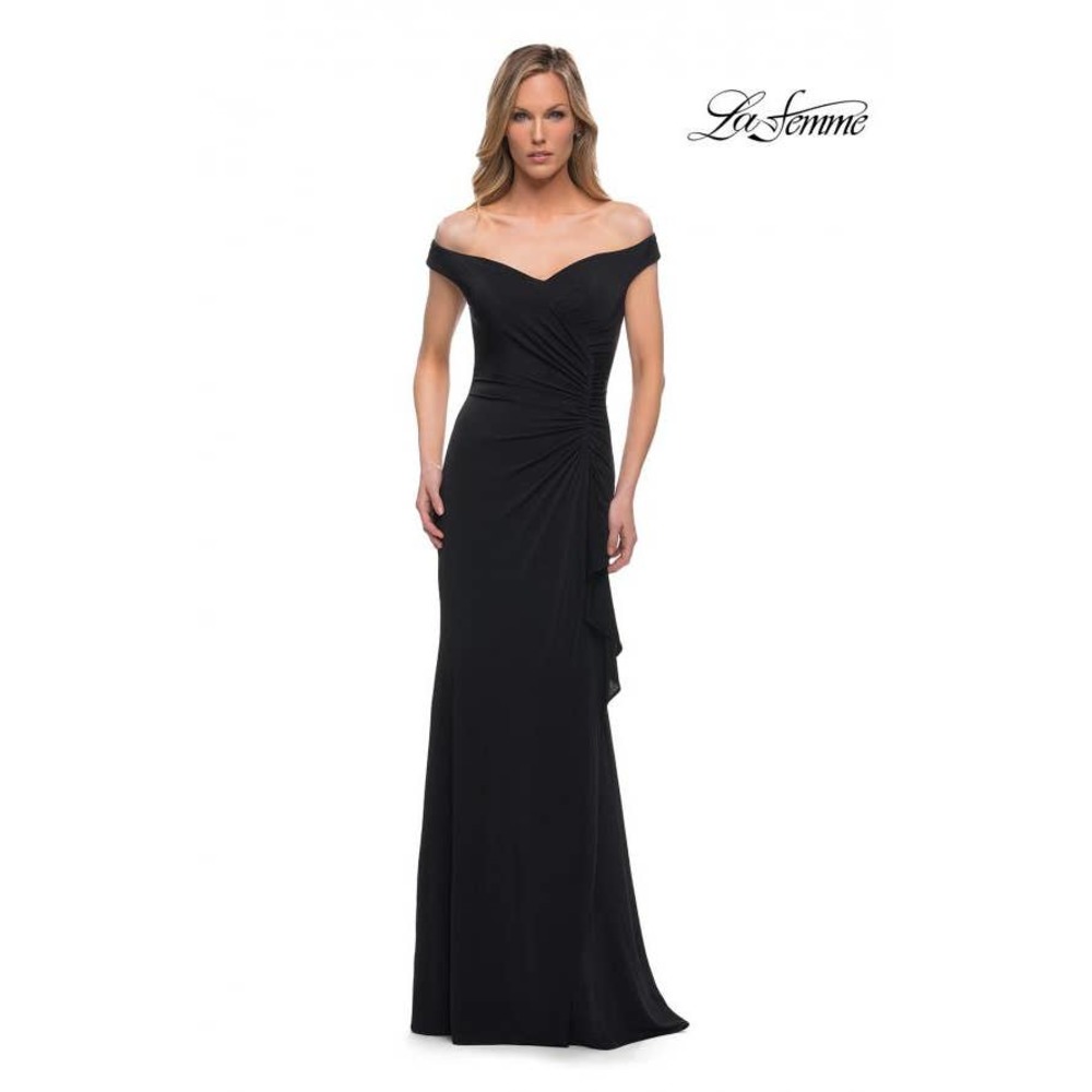 La Femme Off the Shoulder Jersey Ruched Long Dress Black - Picture 2 of 9